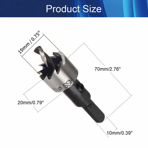 Durable 3/4 Inch HSS Hole Saw Set For Drilling Stainless Steel Aluminum Thin Iron Plastic And Wood, 2 Piece Triangular Shank Cutter Kit For Quick Clean Cuts By Hegebeck, with size measurements.