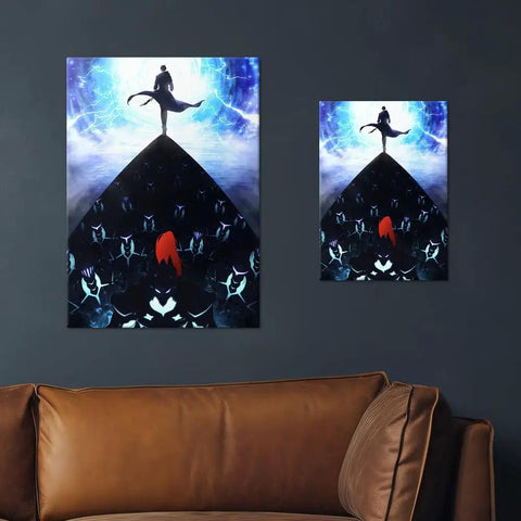 Badass Solo Leveling Metal Wall Art Poster And Dope Anime Collector Print With Heavy Duty Magnetic Mount And Crisp High Res Art hanging on wall.