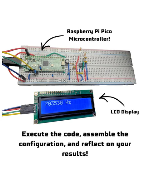 Hands-On Radio Electronics Kit Component Pack For 12 Experiments And DIY Circuits With Raspberry Pi Pico Duo on breadboard with LCD display