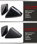 Grab These Heavy Duty Side View Mirror Caps For Tesla Cybertruck Featuring Durable Abs Plastic And Sleek Carbon Fiber Weave Exterior Trim Kit With Straight Snap On Install showing glossy and matte carbon fiber patterns.