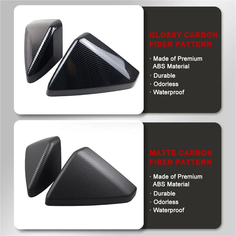 Grab These Heavy Duty Side View Mirror Caps For Tesla Cybertruck Featuring Durable Abs Plastic And Sleek Carbon Fiber Weave Exterior Trim Kit With Straight Snap On Install showing glossy and matte carbon fiber patterns.