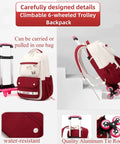 Red and beige kids rolling backpack with wheels, aluminum frame, water-resistant fabric, climbable 6-wheel trolley design for school.