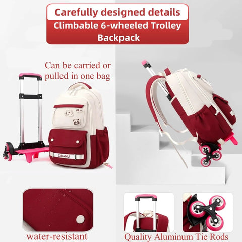Red and beige kids rolling backpack with wheels, aluminum frame, water-resistant fabric, climbable 6-wheel trolley design for school.