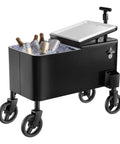 80 Quart On Wheels Ice Chest Cart with 2 Stage Telescopic Handle and Dual Swivel Casters Black filled with beverages on wheels
