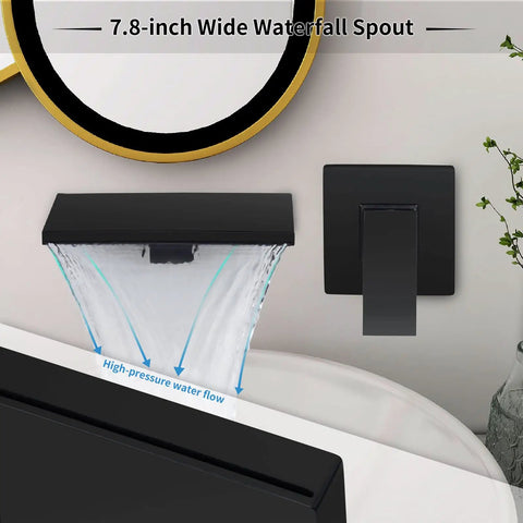 Matte Black Wall Mount Bathtub Faucet With Wide Waterfall Spout Single Handle Roman Tub Filler high-flow 7.8-inch spout