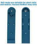 Two blue rail racks for track saws show easy cam lock mount for solid and slick wood track rack system compatibility.