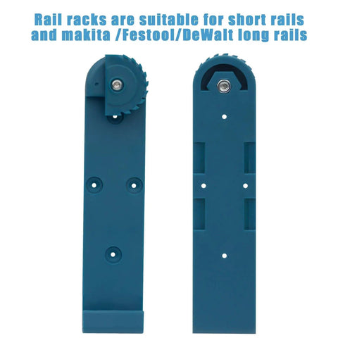 Two blue rail racks for track saws show easy cam lock mount for solid and slick wood track rack system compatibility.