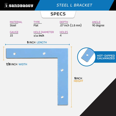 5 Inch Hot Dipped Galvanized Steel L Bracket Corner Brace Heavy Duty 90 Degree Mending Plate detailed specs and dimensions.