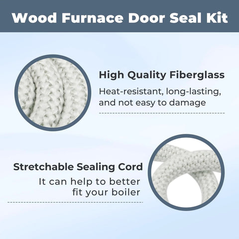 Wood furnace door seal kit with fiberglass rope and stretchable sealing cord; two circular insets show materials