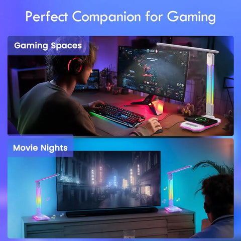 Gaming Desk Lamp With Music Sync RGB Lights Wireless Charger And USB Port Aluminum Alloy Touch Lamp for PC setup