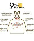 Diagram of Waxed Canvas Woodworking Apron For Men With 9 Tool Pockets labeled with features