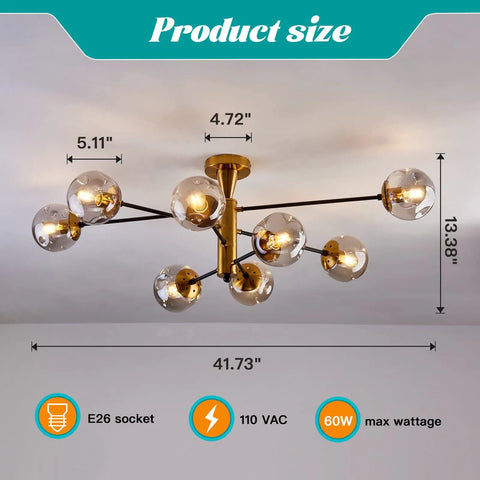 8 Light Sputnik Ceiling Light Fixture Semi Flush Mount With Glass Globe In Black And Gold Mid Century Modern Chandelier image
