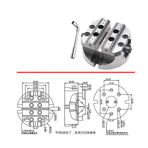 No Sweat 5 Axis Self Centering Round Vise For Heavy Duty Cnc Milling Featuring Rock Solid Zero Point Plate Interface And Game Changing 110 Mm Clamping Range with detailed measurements and tool.