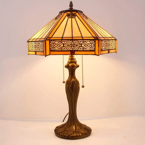 Tiffany Hexagon Yellow Stained Glass Table Lamp In Mission Style With Zinc Bronze Base, 16 Inch Shade, 24 Inch Tall, UL Listed