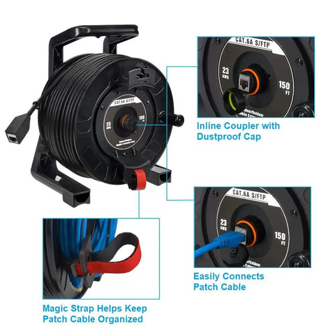 Heavy Duty Cat6A Ethernet Retractable Network Extension Reel Waterproof Shielded Patch Cord 150 Foot with inline coupler.