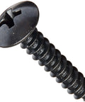 Close-up of Beefy Heavy Duty Steel Sheet Metal Screw With Black Oxide Finish And Truss Head Phillips Drive Type A Point For Thin Metal And Resin Impregnated Plywood Three Quarter Inch Length Thread Size Six To Eighteen Pack Of One Hundred