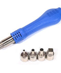 Blue hot air handle with nozzles for all in one soldering station with hot air rework, power supply and USB 3A output, 0 to 3A and 0 to 15V.
