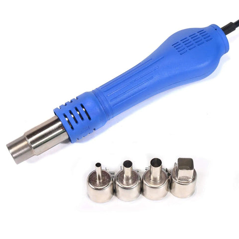 Blue hot air handle with nozzles for all in one soldering station with hot air rework, power supply and USB 3A output, 0 to 3A and 0 to 15V.