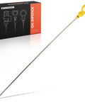 3.8L V6 Engine Oil Dipstick Compatible With Chevrolet Buick Oldsmobile And Pontiac Models Including Impala Regal Allure LaCrosse Lucerne Lumina Monte Carlo Intrigue And Grand Prix, stainless steel with yellow plastic handle next to packaging