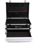 Open hard case tool box with drawers and top flip storage, silver, portable tool organizer, 15.55x10.75x8.6 inches.