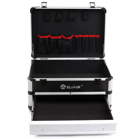 Open hard case tool box with drawers and top flip storage, silver, portable tool organizer, 15.55x10.75x8.6 inches.