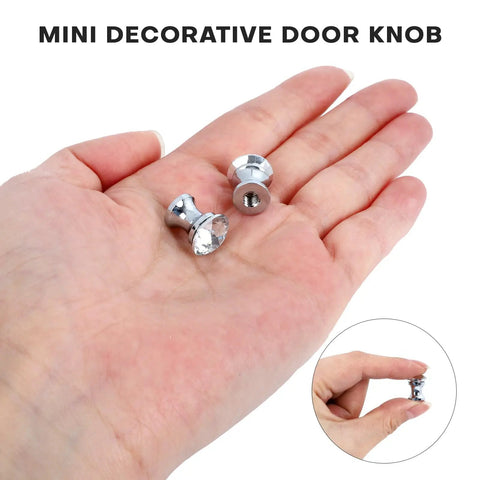Super Sparkle 16-Pack Crystal Glass Cabinet Knobs With Shiny Aluminum Bases on a hand, showcasing mini size and design.