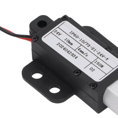 Close-up of a Mini 24V Linear Actuator With 10mm Stroke And 150N Thrust For Sofa And TV Cabinet, showing technical specifications.