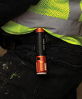 Rechargeable LED Flashlight With Flood Light 500 Lumens USB C Rechargeable Magnetic End Cap clipped to pants for hands-free use