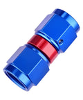 Swivel 6AN Female To 6AN Female Fitting Adapter Aluminum Red And Blue For High Pressure Hydraulic And Fuel Lines With 9/16-18 UNF Threads 1500 PSI Rating Operating From -40 To 250 Degrees F. blue red AN6 female swivel coupler