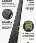 Pointed Arrow Decorative Iron Hinges For Barn Doors And Large Entryways Black Powder Coated Rust Proof Finish Heavy Duty Solid Construction Bad Ass Hardware No Nonsense Setup Smooth Glide Real Tough Set Of Two displayed with detailed points about material and features.