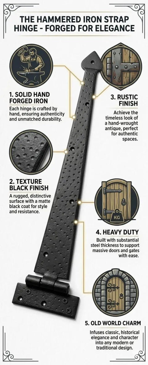 Pointed Arrow Decorative Iron Hinges For Barn Doors And Large Entryways Black Powder Coated Rust Proof Finish Heavy Duty Solid Construction Bad Ass Hardware No Nonsense Setup Smooth Glide Real Tough Set Of Two displayed with detailed points about material and features.