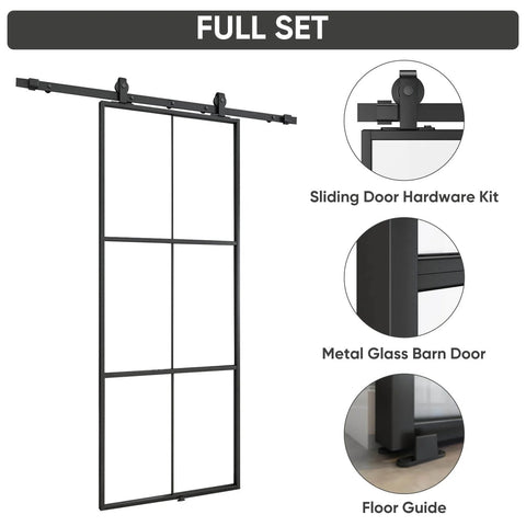Privacy Glass Barn Door 36x84 Inches With 6 Foot Sliding Hardware Kit Included Aluminum Alloy Frame Frosted Tempered Glass 6 Lite Design