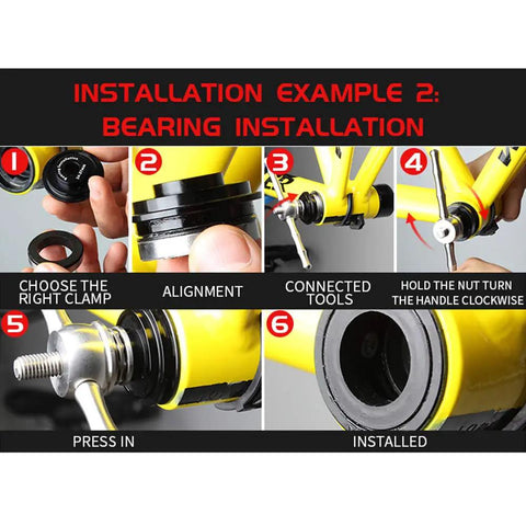 Pro Grade Bike Bottom Bracket Press And Removal Tool Kit For BB86 BB30 BB91 BB92 PF30 installation steps on yellow bike