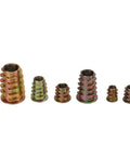 Solid Zinc Alloy Hex Drive Threaded Inserts For Furniture Repair And Assembly That Install Easy With Tool Kit To Tighten Wood Screws Securely Without Stripping Or Breaking, assorted sizes.