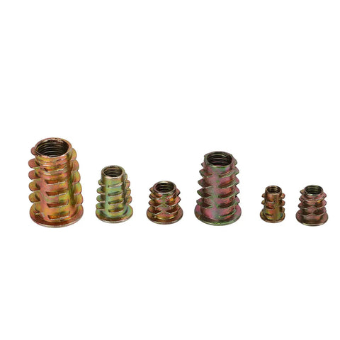 Solid Zinc Alloy Hex Drive Threaded Inserts For Furniture Repair And Assembly That Install Easy With Tool Kit To Tighten Wood Screws Securely Without Stripping Or Breaking, assorted sizes.