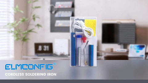Cordless Soldering Kit With USB Rechargeable Battery in transparent case on desk, showing compact design and accessories.