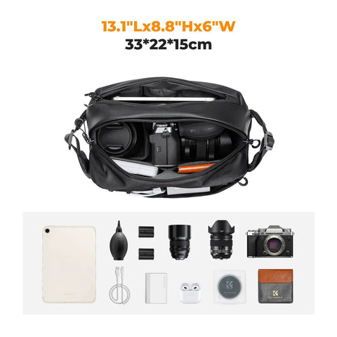 2 In 1 Sling Bag For Dope Everyday Carry And Photo Gear with camera accessories and open compartment display.
