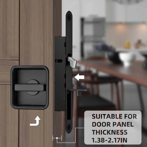 Pocket Door Lock Hardware Set With Privacy Handle And Hidden Pull Recessed Latch For 1.77 To 2 Inch Thick Wooden Doors In Square Black Finish And Easy Install For Quick Updates