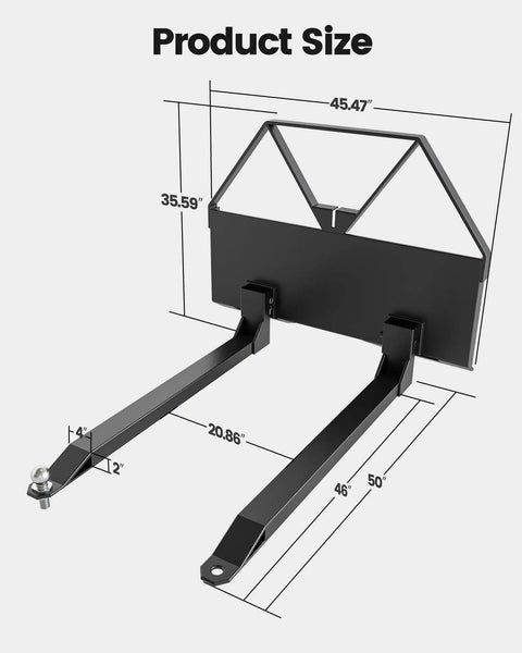46 Inch Quick Attach Pallet Forks For Skid Steer Attachments, Beefy 2600 Pound Capacity, Heavy Duty Steel Forks, Obsidian Black Dimensions