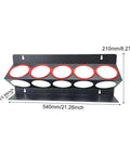 Heavy Duty Iron Wall Mount Spray Bottle Rack For Garage And Shed Storage, Black with Red Rings, 21.26x8.27 inches dimensions.