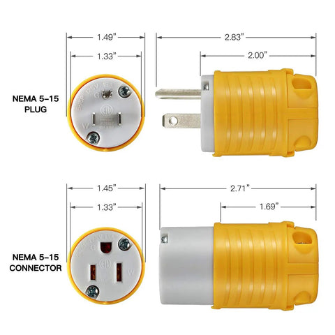 Extension Cord Ends Set For Household Appliances 15 Amp 125 Volt Heavy Duty Replacement Plug And Connector Kit dimensions