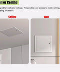 Paintable Lockable Access Panel For Drywall 7X12 Inch Beefy Metal Wall Hole Cover shown in ceiling and wall installation.