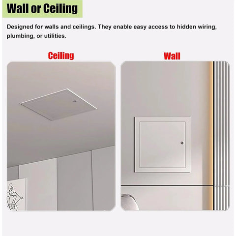 Paintable Lockable Access Panel For Drywall 7X12 Inch Beefy Metal Wall Hole Cover shown in ceiling and wall installation.