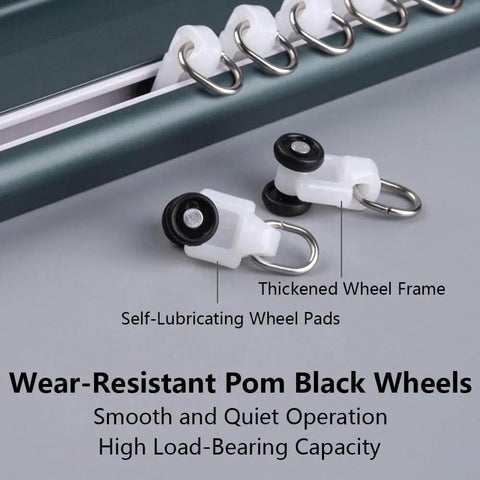 Gold Double Row Ceiling Curtain Track System displayed with white and black wear-resistant Pom wheels and metal hooks.