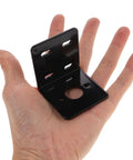 Heavy duty motor mounting bracket in hand, showcasing adjustable steel L-shape design with multiple fixed holes, ideal for 775 gear motors.