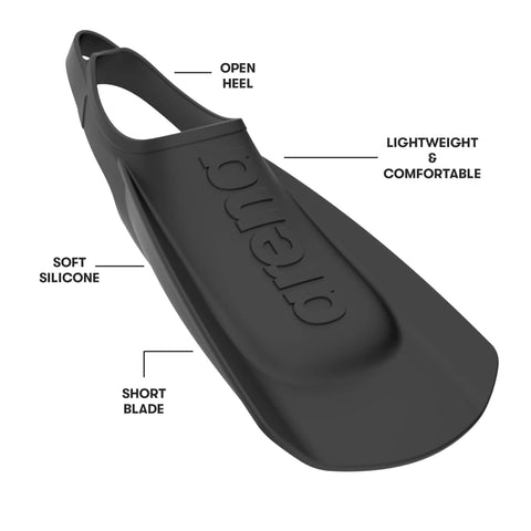 Unisex Lightweight Swim Training Fins With Open Heel Design, Silicone Short Blade Flippers, Black, Size 7.5-9, side view