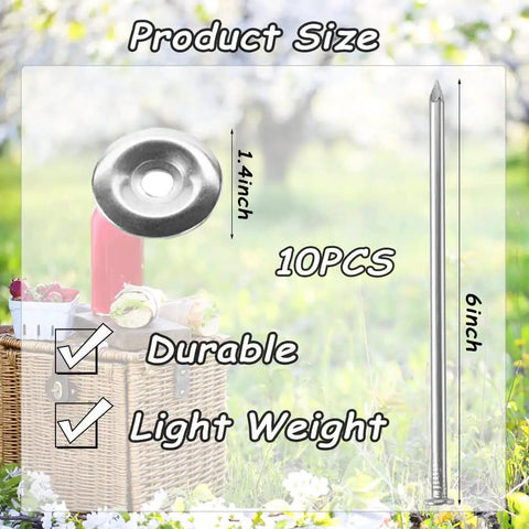 Tough As Nails 6 Inch Stainless Steel Patio Rug Stakes Set For Outdoor Use showing stake and washer dimensions on picnic background