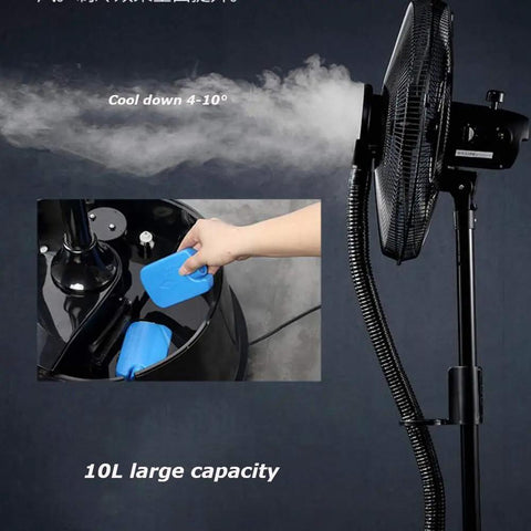 Heavy Duty Outdoor Misting Floor Fan With Three Speed Settings And Wide Swing delivering mist from a large 10L capacity tank.