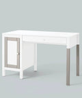 White corner desk with storage cabinet and two-tone design, featuring gray legs, suitable for small spaces and home office use.