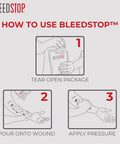 BleedStop first aid powder front view infographic showing tear-open package, pour onto wound, apply pressure.